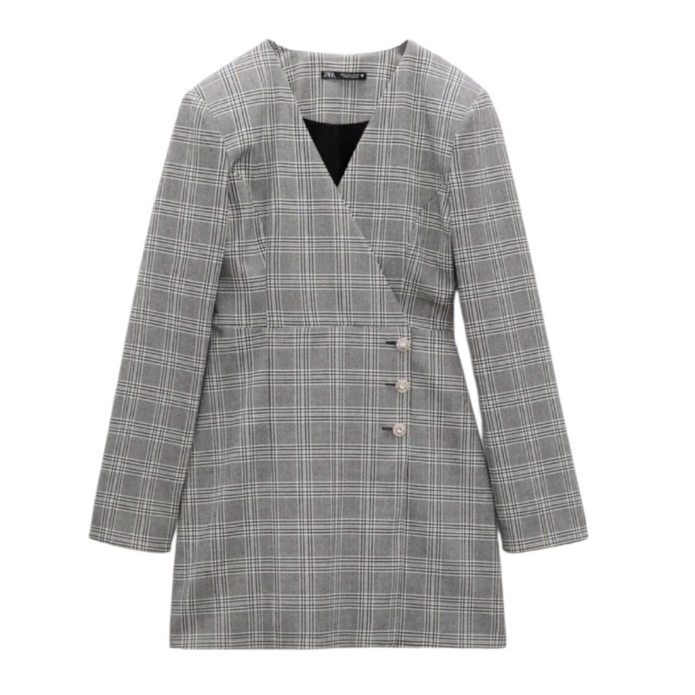 Zara Black & White Plaid Wrap Front Rhinestone Button Blazer Mini Dress - XS - Picture 4 of 16